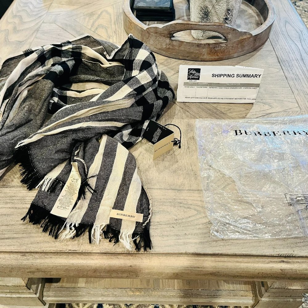 Burberry Giant Check Cashmere/Fine Merino Crinkled Scarf Charcoal Check